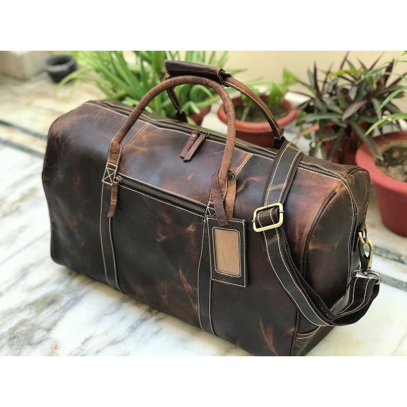 20 Inch Leather Travel Weekend Bag for Men, Leather Travel Bag, Leather Gym Bag, Overnight Travel Bag, Mens Duffle Bag