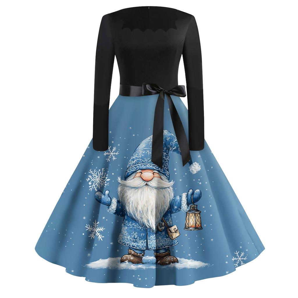 Dámské ležérní módní tištěné retro šaty se čtvercovým výstřihem a dlouhým rukávem