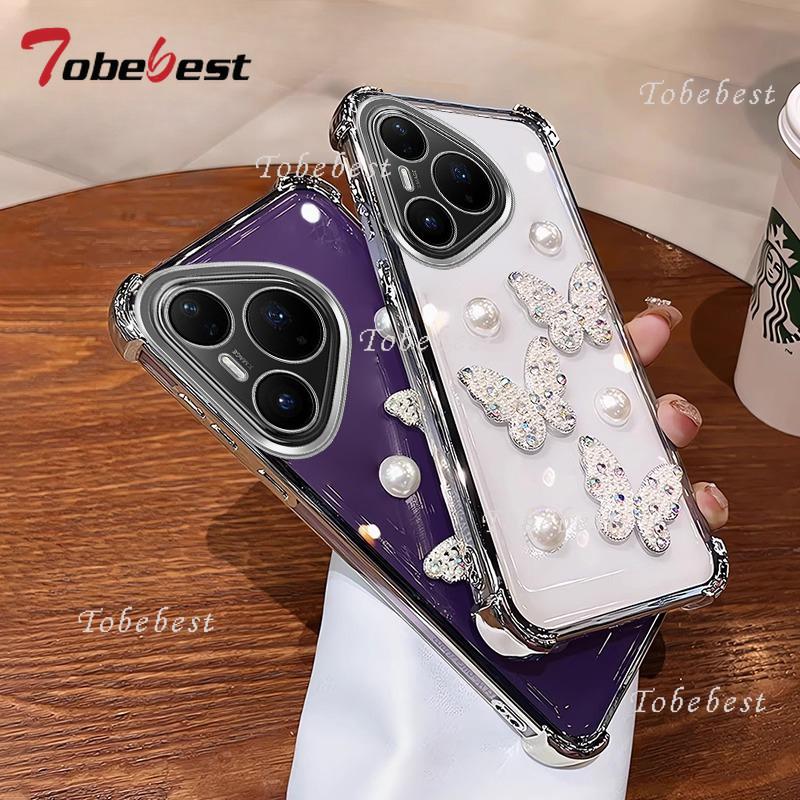3D Pearl Butterfly Shockproof Plating Silicone Case for Huawei Pura 80 70 Ultra P60 P50 P40 P30 Lite Pro Transparent Back Cover