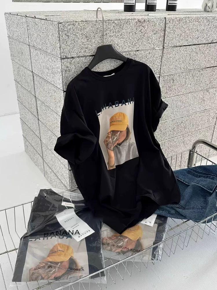 

Women s Plus Size Korean Dongdaemun Cotton Short Sleeve T-shirt - American Style, Loose Fit, Versatile Character Print M чорний