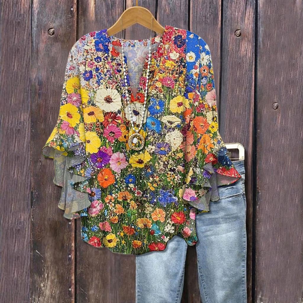 Damen Boho Patchwork Blumenbluse, Buntes Rüschenärmel Casual Top, Leichte Sommer Tunika