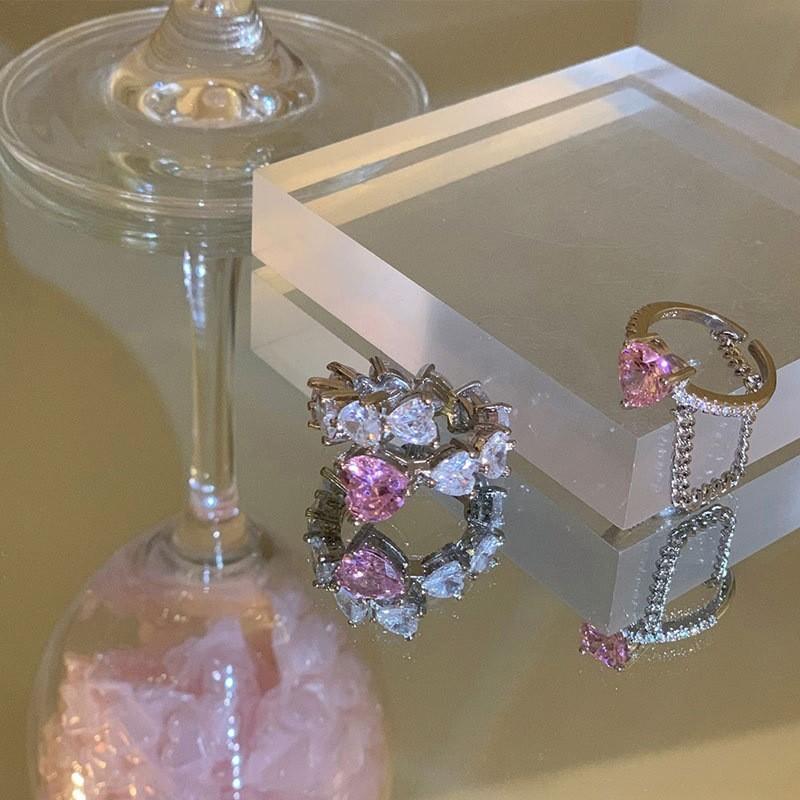 Korean Highend Style Pink Heart Zirconia Chain Ring In 925 Sterling Silver For Fashionforward Women