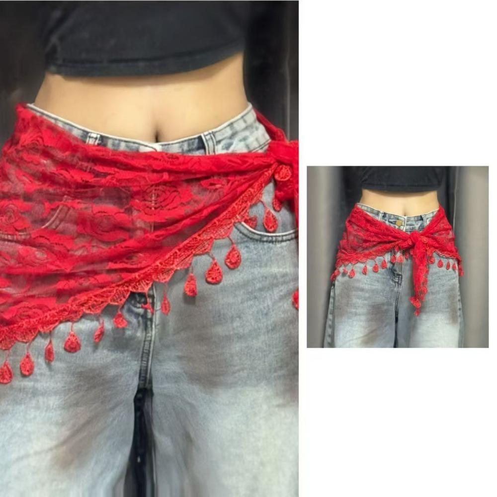 Durchsichtiger Netz-Hüftschal mit Blumenmuster, Taillengürtel-Schal, Vielseitiges Boho-Bandana für Damen