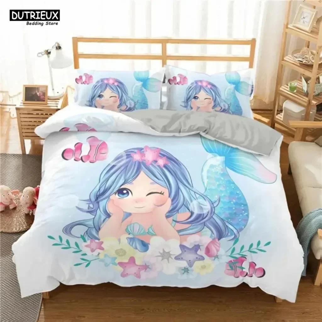 Luxury New 3D Print Cartoon Blue Mermaid Duvet Cover Beautiful Girl With Unicorn Bed Cover Single Double Queen King Bedding Set