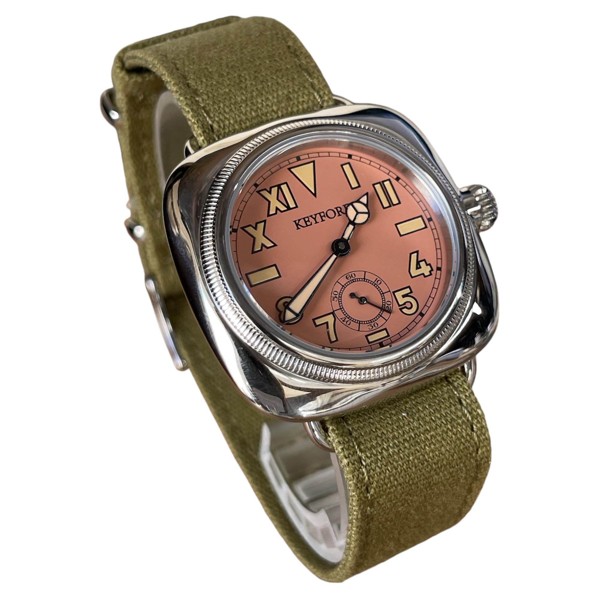 

МРМВ. Военные часы, Часы с калифорнийским циферблатом розовые, Дымчато-розовый циферблат, Зеленый тканевый ремешок