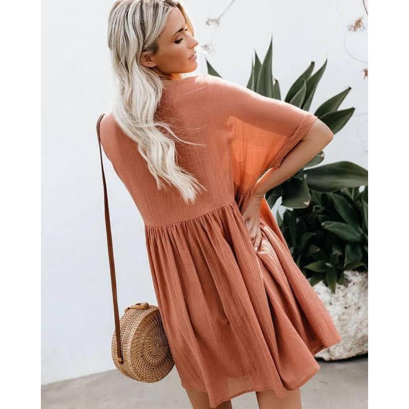 

Новое платье А-силуэта с V-образным вырезом и короткими рукавами, свежее и милое, из хлопка и льна S оранжевый