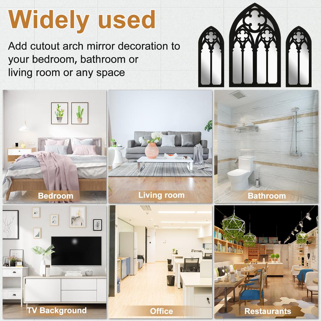 3Pcs Gothic Decorative Mirrors Arched Wall Mirrors Vintage Cathedral Window Mirrors Indoor Accent Wood Framed Mirrors Home Décor
