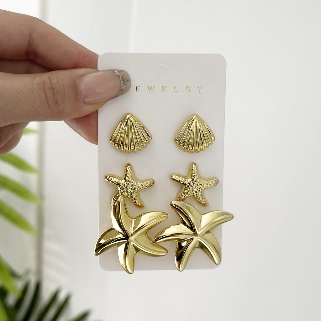 3 Pairs/Set Gold Color Shell Starfish Stud Earrings for Women Ocean Series CCB Lightweight Textured Earrings Beach Party Jewelry