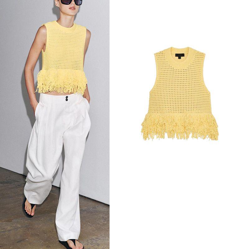 Summer Women's French Style Design round Neck Sleeveless Hem Decorated Tassel Plaid Knitting Tops 4331027