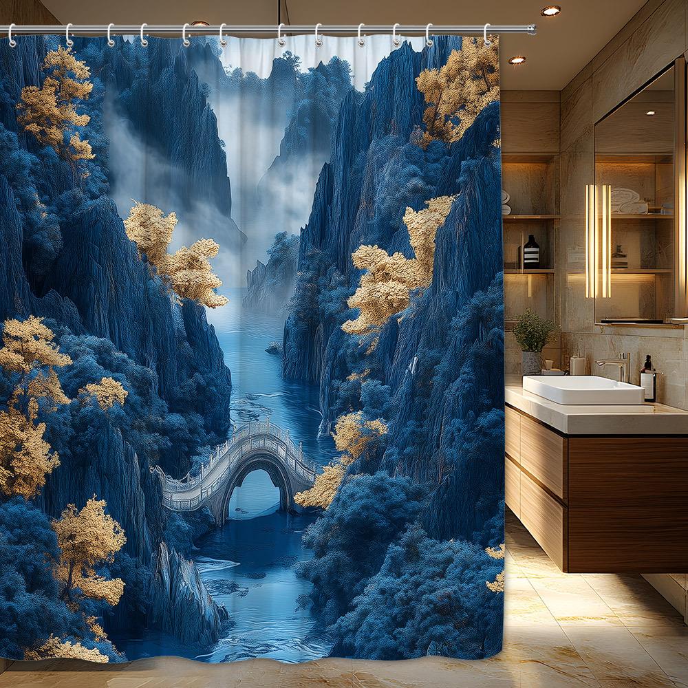 

1Pc Misty Valley Shower Curtain - Stone Bridge, Tranquil Autumn Trees & Rocky Cliffs, Soft Misty Sky, Polyester, Bathroom Decor W60H190(CM)-1 Pcs