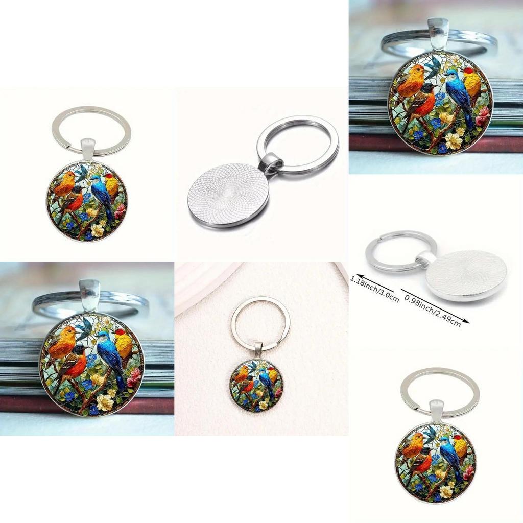 Watercolor Bird Group Glass Keyring With Alloy Material For Gift And Everyday Use