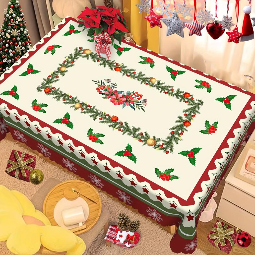 Weihnachtsschneeflocken Kiefernzweige Beeren Wasserdichte Tischdecke Weihnachten Feiertagsparty Esstischdekoration Weihnachtsdekorationen