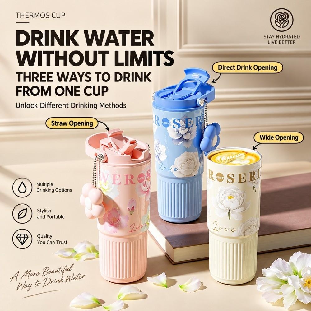 Leakproof Insulated Thermal Cup Floral Printing Vacuum Mug Stainless Steel Tumbler for Lady Girls