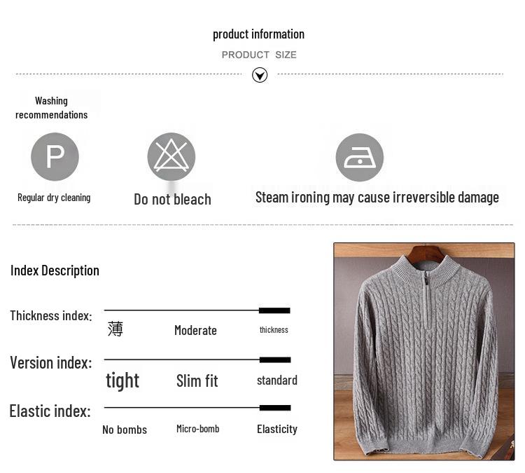 Men's Plus Size Cashmere Sweater - Half High Neck, Zipper, Business Casual Knit for Autumn/Winter