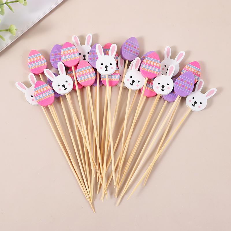100pcs Easter Disposable Bamboo Skewers Rabbit Eggs Food Picks Fruit Fork Cupcake Buffet Stick Easter Party Decoration Birthday