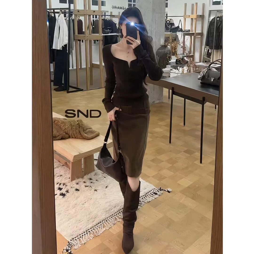 Spring 2026 Korean Stylish Slim-fit Top & High-waisted Skirt Set XXL