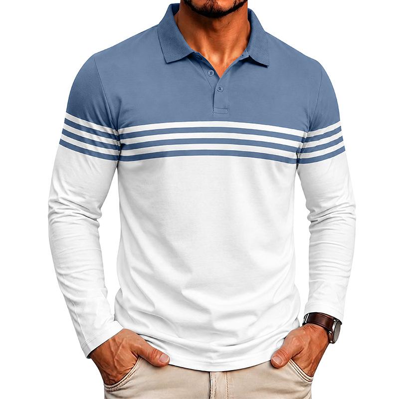 Men's Long Sleeve Polo Shirt with Striped Design, Casual and Versatile for Daily Wear.