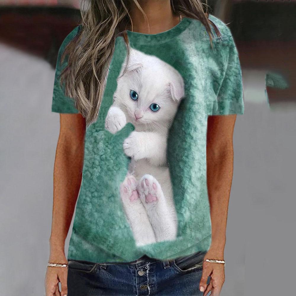 Women Cute Cat 3D Print Pattern T-shirts for Ladies and Girls Fashion Round Neck T-shirts Women's Short-sleeved Loose O-neck T-shirts