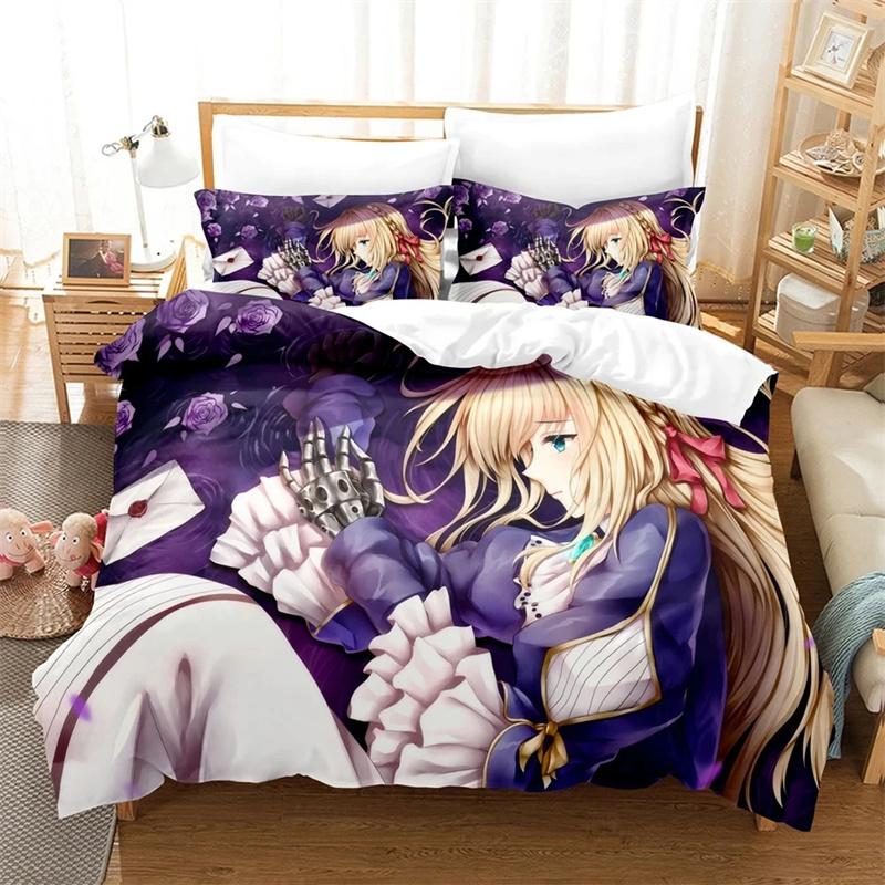 3D Printed Anime Violet Evergarden Bedding Set,Girls Adult Single Twin Queen Size,Duvet Cover Pillowcase Bedding