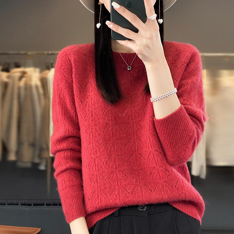 Women's Clothing Sweater Spring and Autumn Knitted Hollow Top Merino Wool O-Neck Pullover Cashmere Sweater