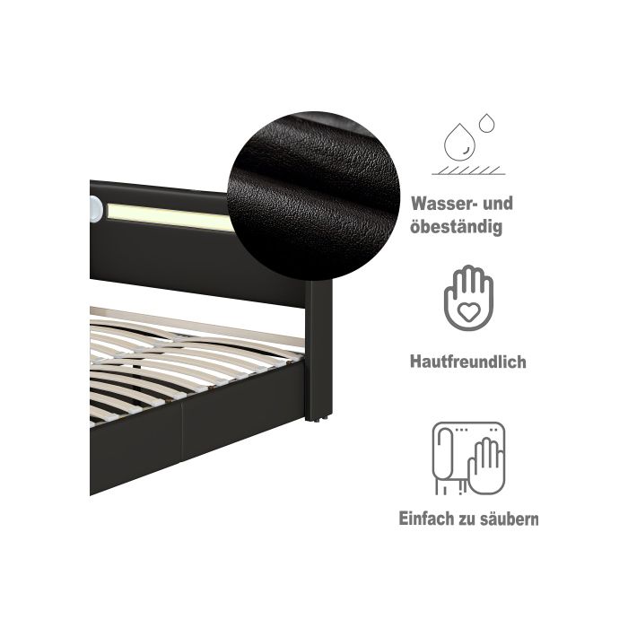 Lit 140x200 - MUVOE - Lit avec LED - Bluetooth - Rangement - Cuir PU