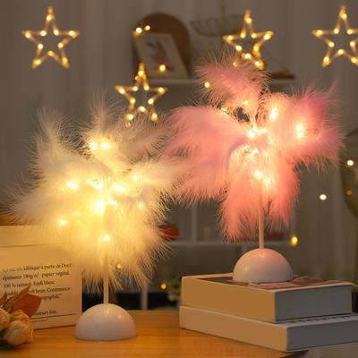 Feather Night Light Table Lamp for Girls Room LED Romantic Bedside Lamp Wedding Party Decor Battery