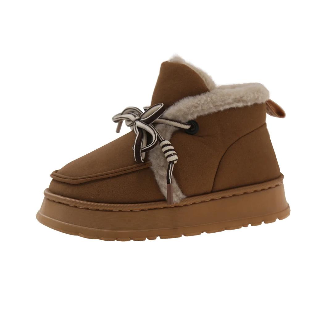 Fashion Women's Fashion Flat Snow Boots Winter New Round Head Suede Front Strap Non-slip Comfortable Thick Soled Cotton Shoes