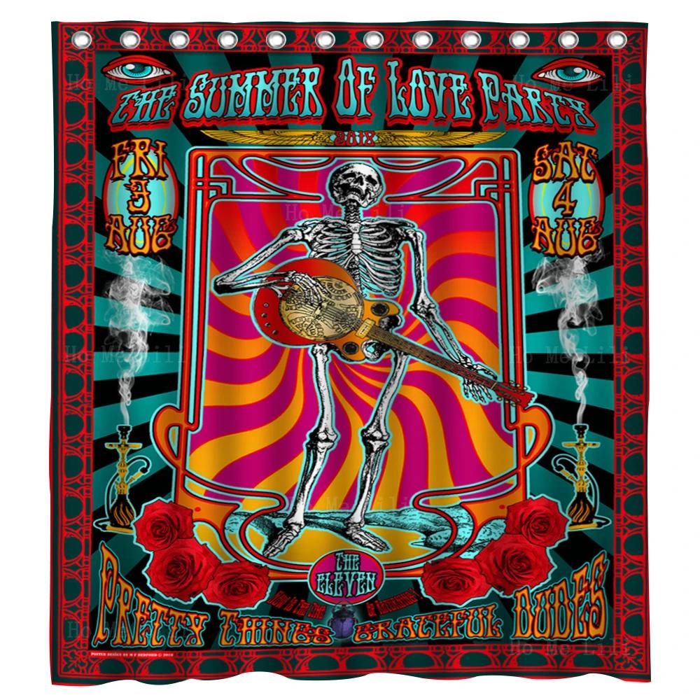 

Psychedelic Skull & Roses Waterproof Shower Curtain - Bold Hippie Art Design Adds Unique Charm to Bathroom Decor 90x180cm