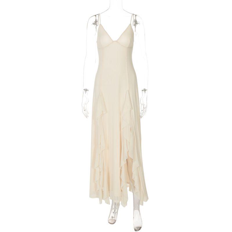 

Shemoda Fashion Wind Deep V Neck Double-Layer Mesh Open Back Sling Dress Female High Slit Ribbon Formal Dress Apricot color S