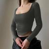 Fashion Square Collar Sexy Knitted T Shirt Women Tees Slim Fit Long Sleeve T-shirt For Women Casual Autumn Solid Crop Tops 30606