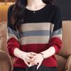 Spring and Autumn Knitted Base Layer Round-neck Color-blocking Striped Long-sleeved Top Loose and Belt-covering Thin Wool Sweater
