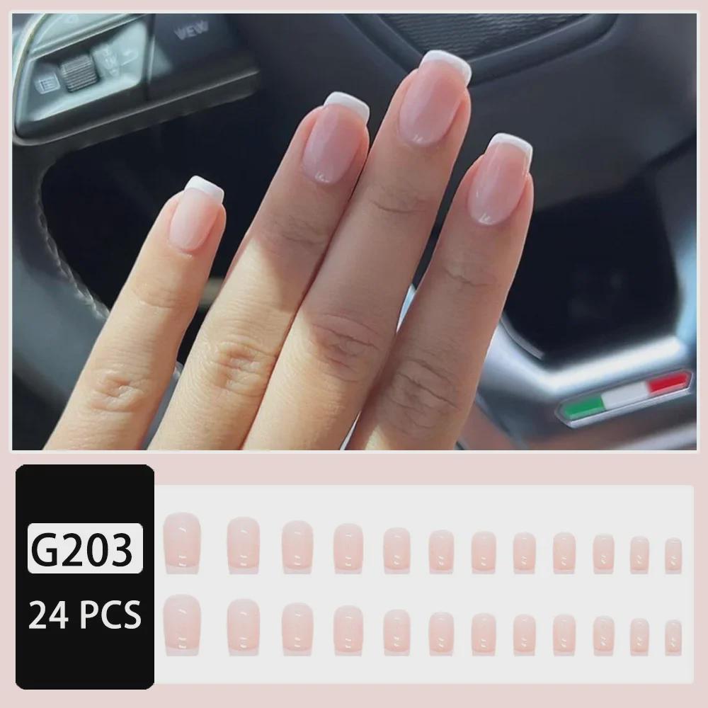 24-Pack Pink French Square False Nails - Simple Style, Waterproof, Detachable