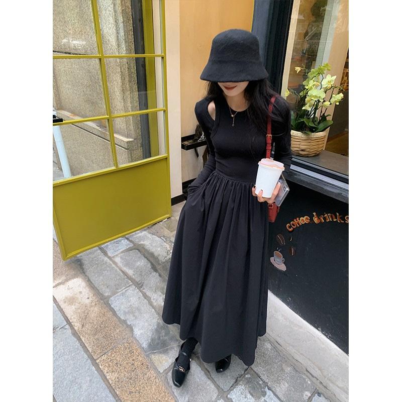 Hepburn style autumn and winter new Hepburn style hollow long-sleeved dress, female temperament slim and thin bottom long dress S чёрный
