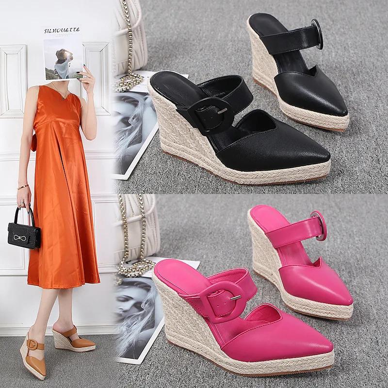 2025 Summer Shoes Women Platform High Heels Sandals Brand Ladies Wedges Sandals Pointed Toe Black Pink Yellow Big Size 42 A43540