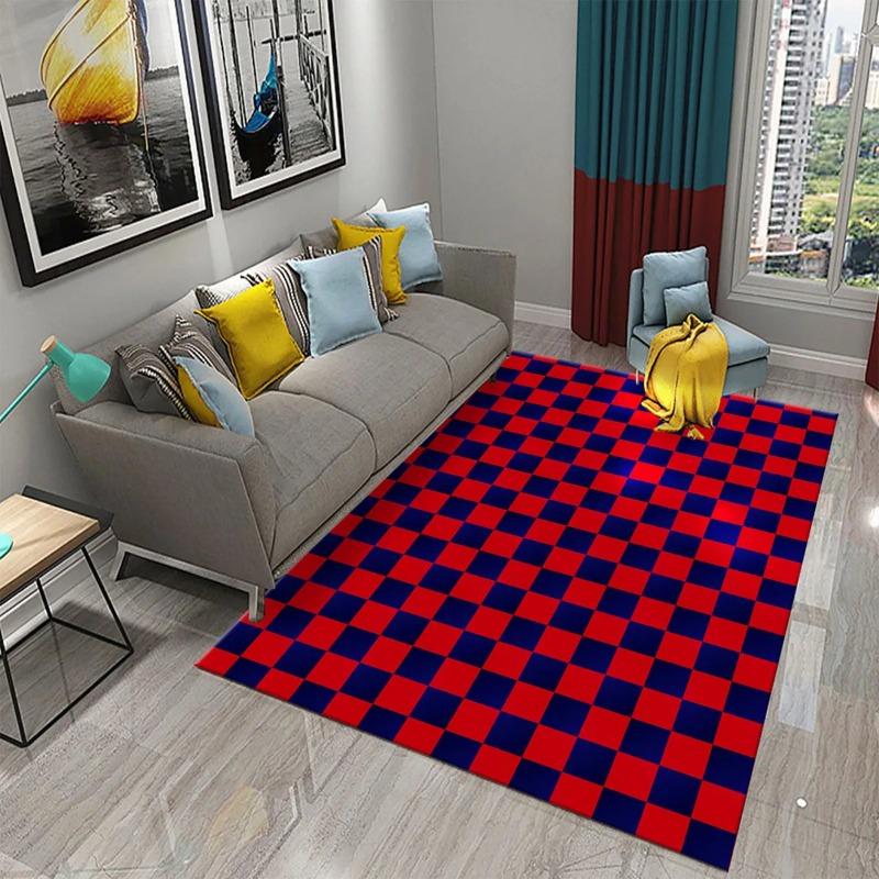 Modern Checkerboard Area Rugs Red Green Blue Colors Wave Pattern Design for Contemporary Living Room Decor