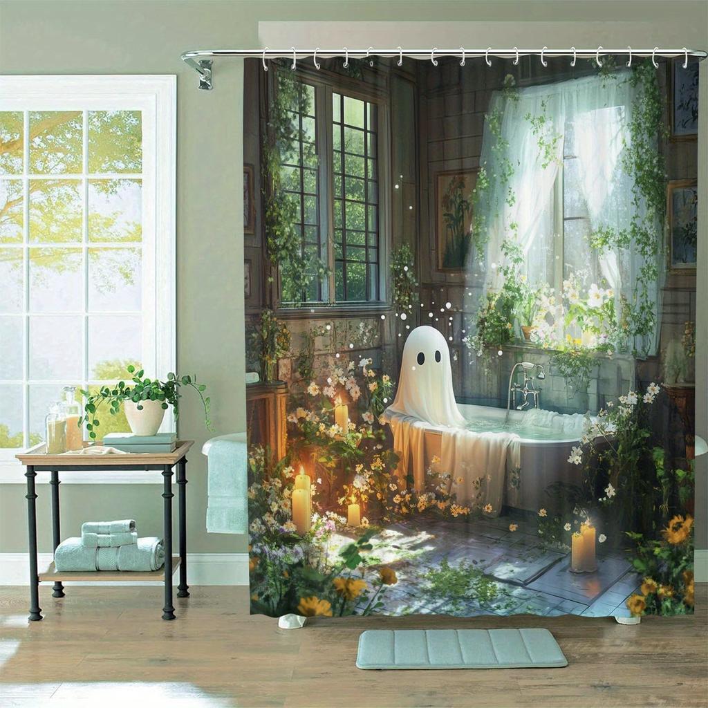 Waterproof Ghost Theme Shower Curtain With Artistic Floral Pattern With Hooks, Polyester, Suitable For Home And Hotel Bathrooms