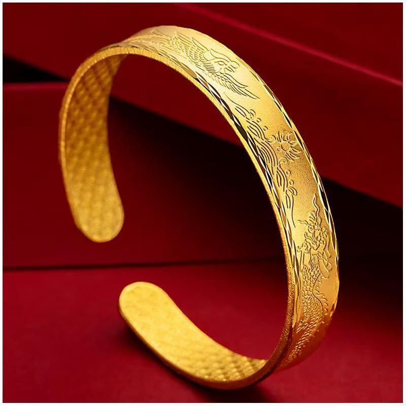 Gold-Plated Dragon & Phoenix Bangle - Women's Simulated Gold High-End Wedding Jewelry