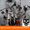 Halloween Decorations With Pumpkins, Ghosts, Witch Hats, Spiders/ And Bats On Black Wooden Background