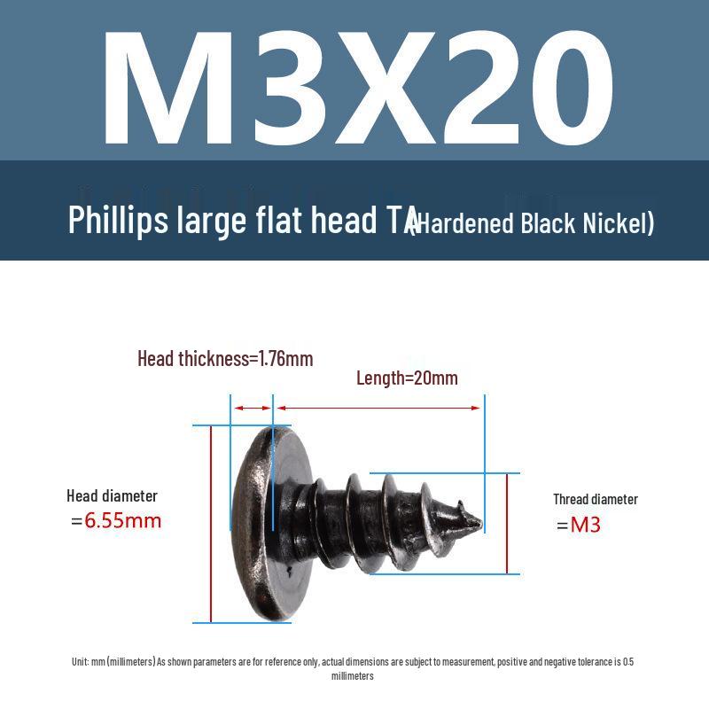 Yigu Black Nickel Hardened Phillips Flat Head Self-Tapping Screws M3-M5, Carbon Steel, Coarse Thread, Pointed Tail