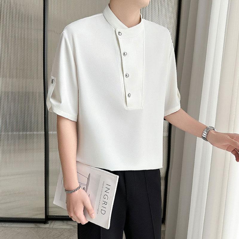 Fashion Stand Collar Button Shirts Summer Spliced All-match Korean Solid Color Men's Clothing Casual Simple Short Sleeve Shirts