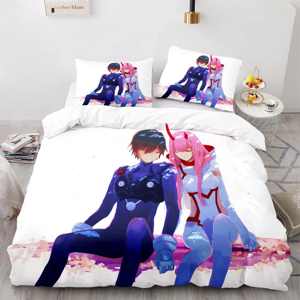 Nouveau Ensemble de Linge de Lit Darling In The Franxx Couvre-lit Simple Jumeau Complet Queen King Size Ensembles de Lits Aldult Kawaii Housse de Couette Famille 23 pièces