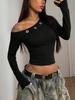 Women's Off-Shoulder Slanted Neck Crop Top - Slim Fit, Long Sleeve