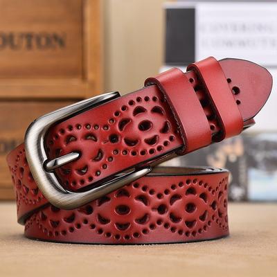 Womens Genuine Leather Belt With Hollow Cutout Pin Buckle Adjustable No-Hole Design In Sweet Korean Style