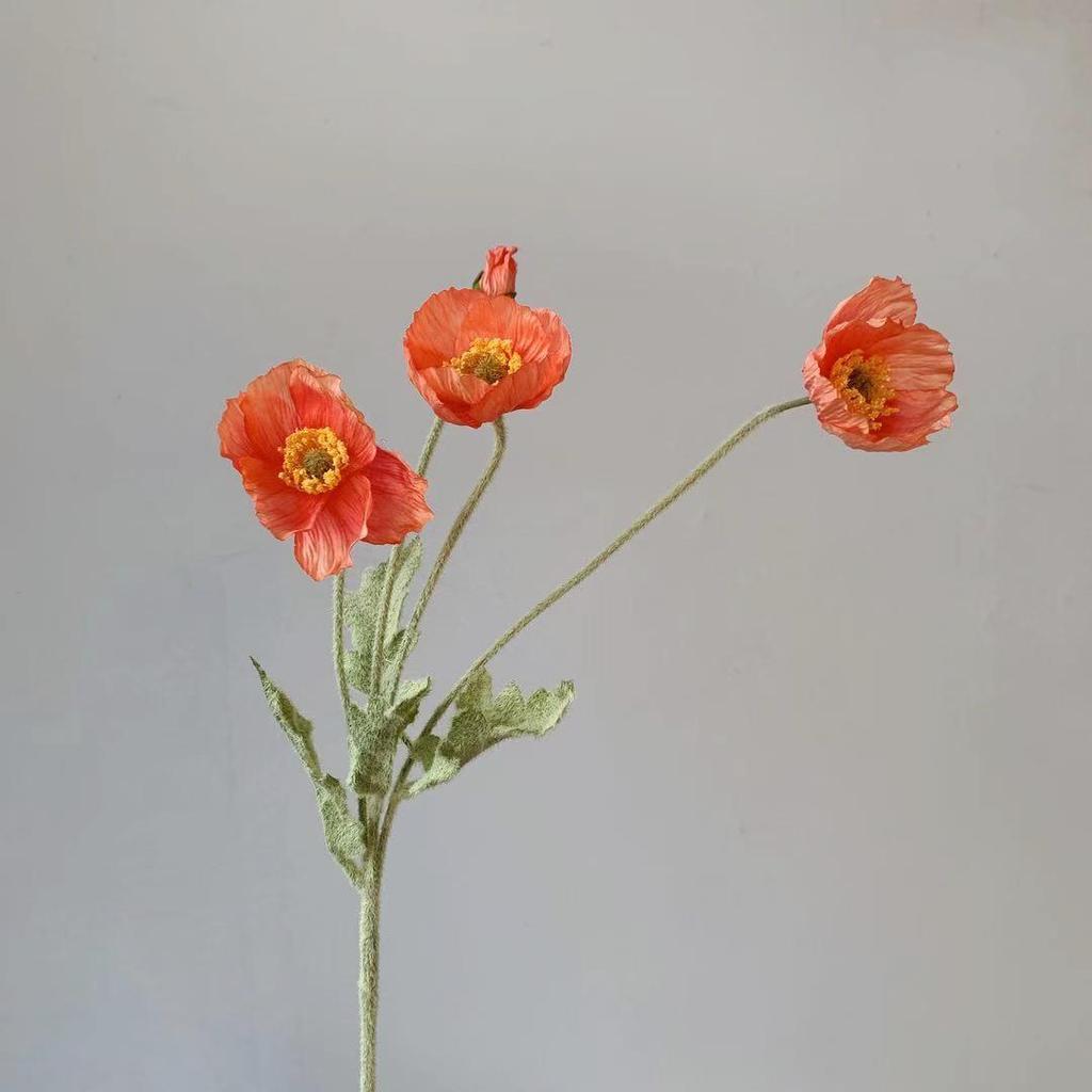 Artificial Poppy Flower - 4 Head Silk Flocked Floral Decoration & Photography Prop