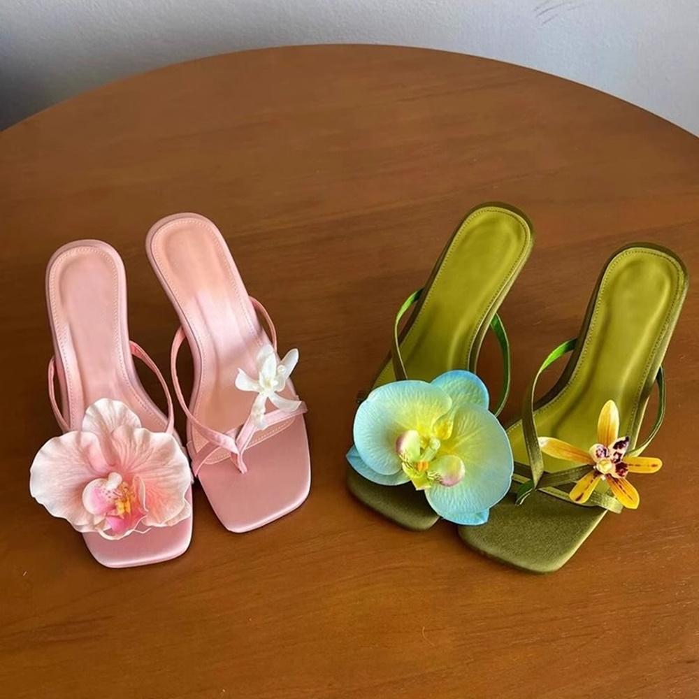 Flowers Decoration Flip Toe Slippers Sexy Square Toe Thin Heel Corss Tied Slip On New Arrivals Fashion Women Shoes
