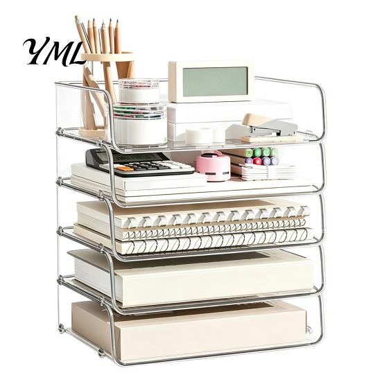 Stationery Storage Tray Clear Acrylic File Organizer Tray, 1/2/3/4/5 Tier Paper Ducument Document Holder Box, Stackable Office Supplies Desk Rack Box