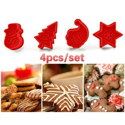 4Pcs DIY Christmas Tree Snowman Plastic Baking Mold Kitchen Biscuit Cookie Cutter Pastry Plunger Fondant Cake Decorating Tools