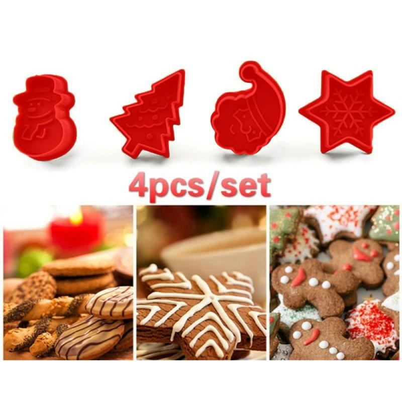 4Pcs DIY Christmas Tree Snowman Plastic Baking Mold Kitchen Biscuit Cookie Cutter Pastry Plunger Fondant Cake Decorating Tools KTY