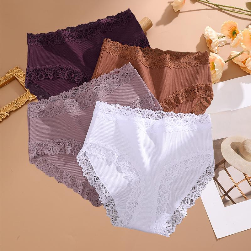 FINETOO 4PCS Sexy Lace Cotton Panties for Women Flroal Lace Seamless Briefs High Rise Lingerie Female Breathable Soft Underwear