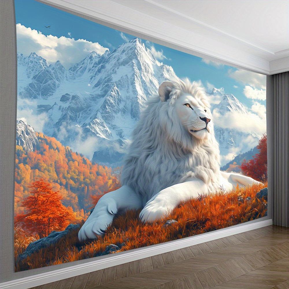 White Lion Tapestry Wall Hanging, Snow Mountain And Autumn Forest Landscape, Majestic Animal Art Decor For Living Room Bedroom 70x100cm28x39in